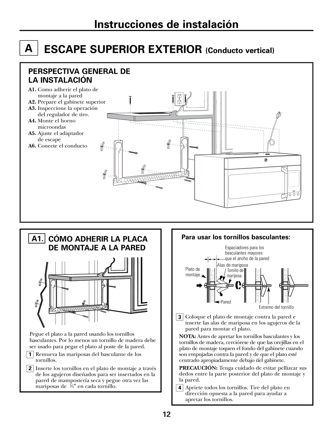 GE CVM2072 warranty Perspectiva General DE LA Instalación, A1. Cómo Adherir LA Placa DE Montaje a LA Pared 