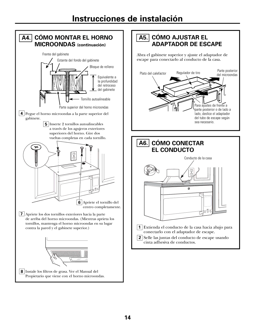 GE CVM2072 warranty A4. Cómo Montar EL Horno, A6. Cómo Conectar EL Conducto, A5. Cómo Ajustar EL Adaptador DE Escape 