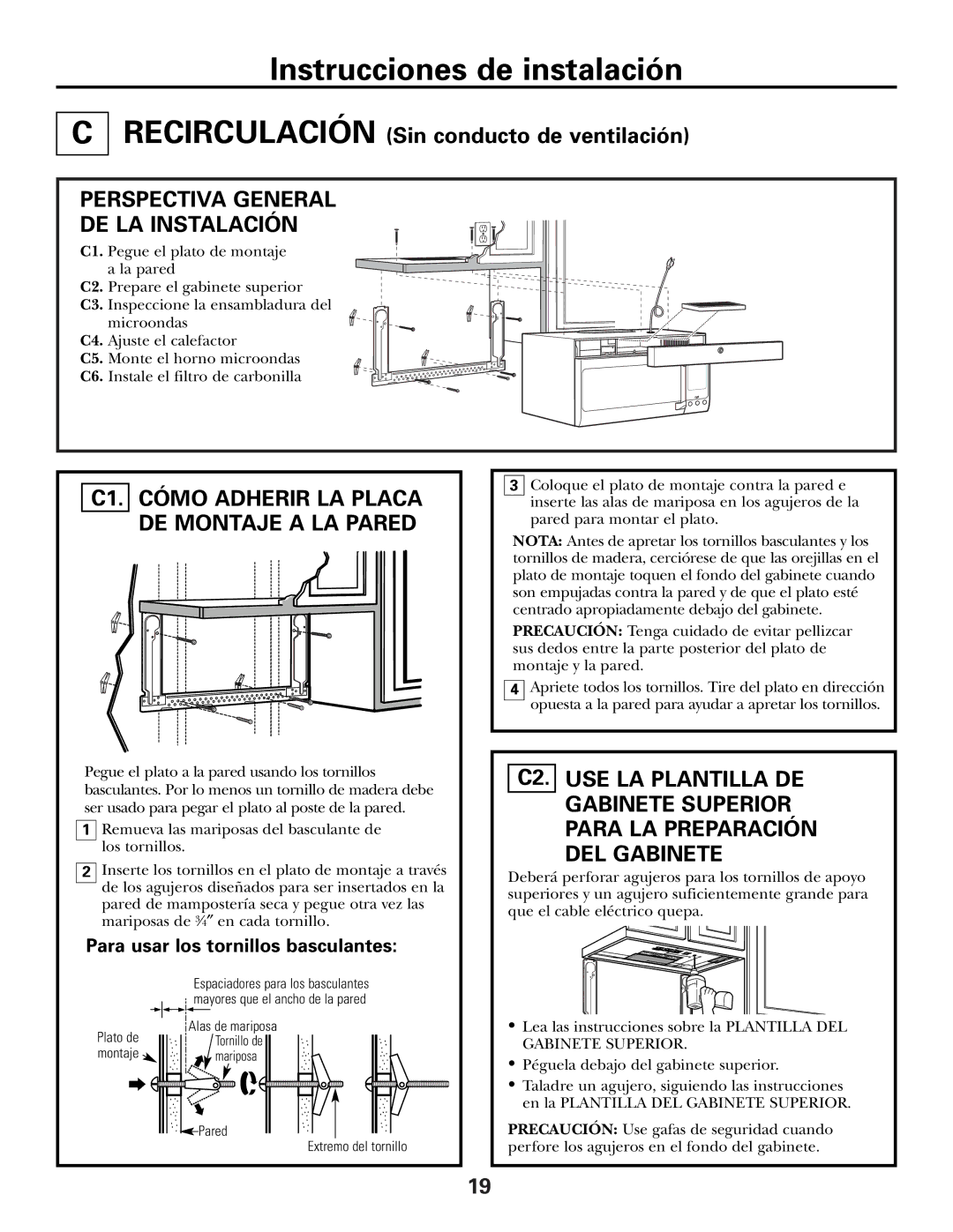 GE CVM2072 warranty Recirculación Sin conducto de ventilación, C1. Cómo Adherir LA Placa DE Montaje a LA Pared 