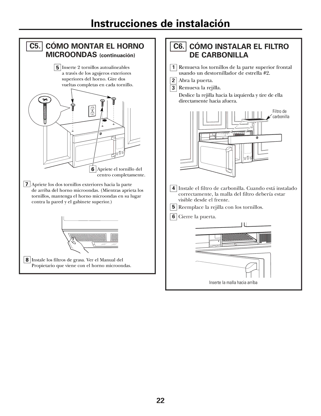 GE CVM2072 warranty C5. Cómo Montar EL Horno, C6. Cómo Instalar EL Filtro DE Carbonilla 