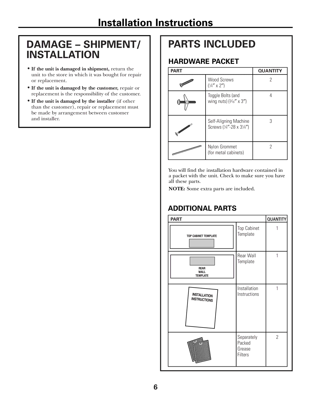 GE CVM2072 warranty Damage SHIPMENT/ Installation, Parts Included, Hardware Packet, Additional Parts 