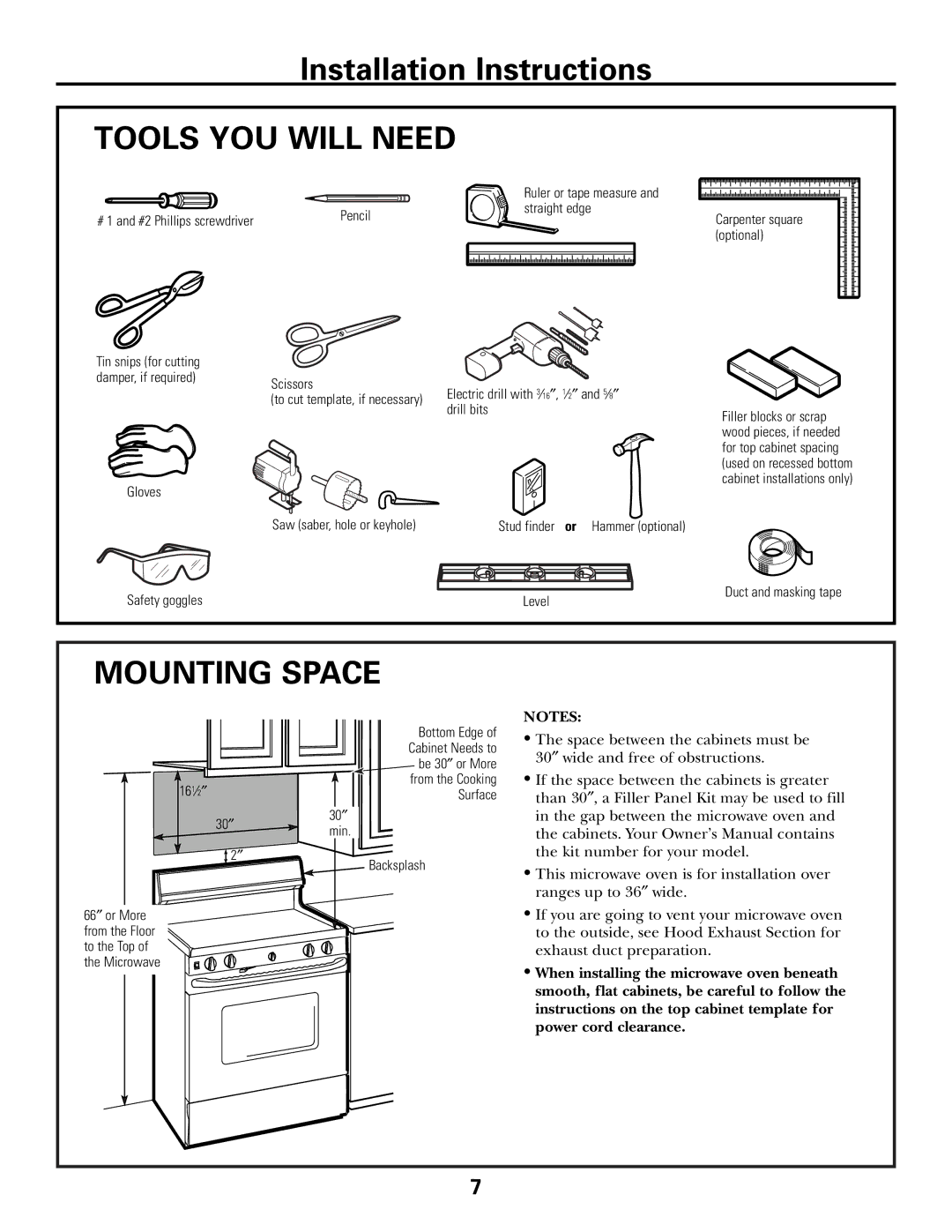 GE CVM2072 warranty Tools YOU will Need, Mounting Space 