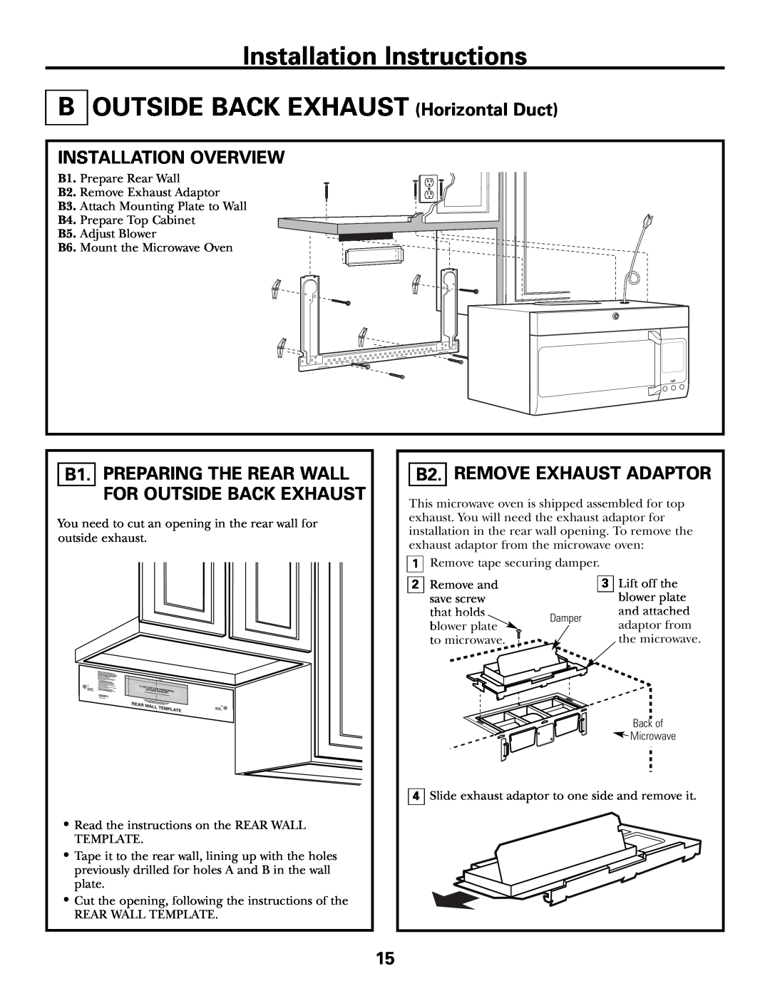 GE CVM2072 warranty Installation Instructions B OUTSIDE BACK EXHAUST Horizontal Duct, B2. REMOVE EXHAUST ADAPTOR 