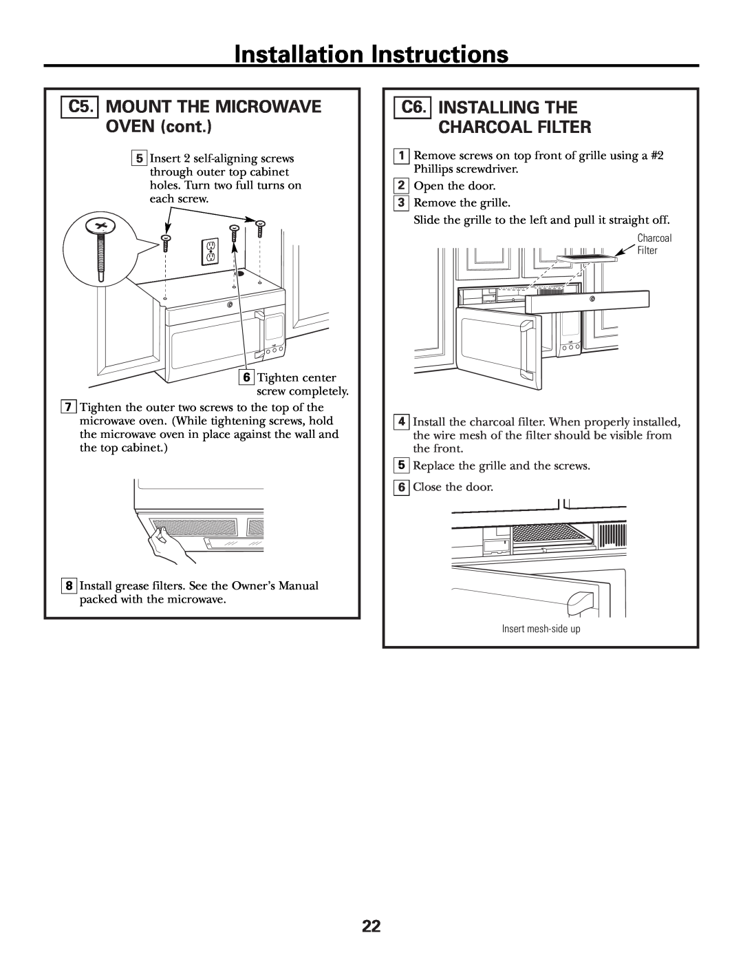 GE CVM2072 warranty C5. MOUNT THE MICROWAVE OVEN cont, C6. INSTALLING THE CHARCOAL FILTER, Installation Instructions 