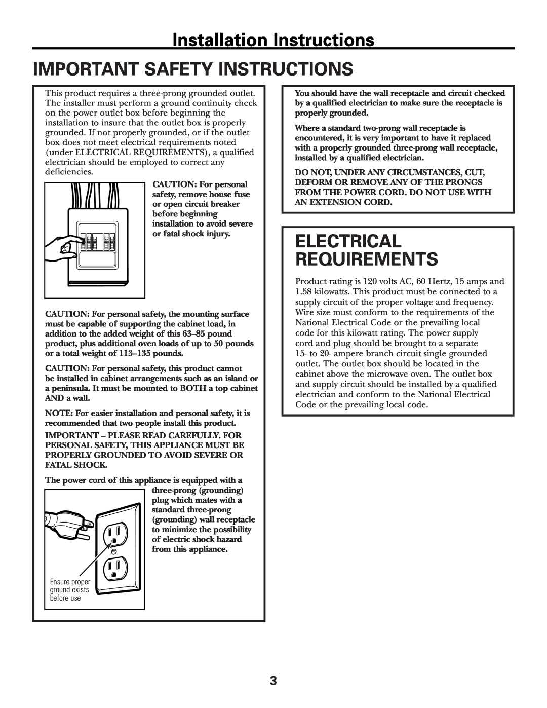 GE CVM2072 warranty Installation Instructions IMPORTANT SAFETY INSTRUCTIONS, Electrical Requirements 