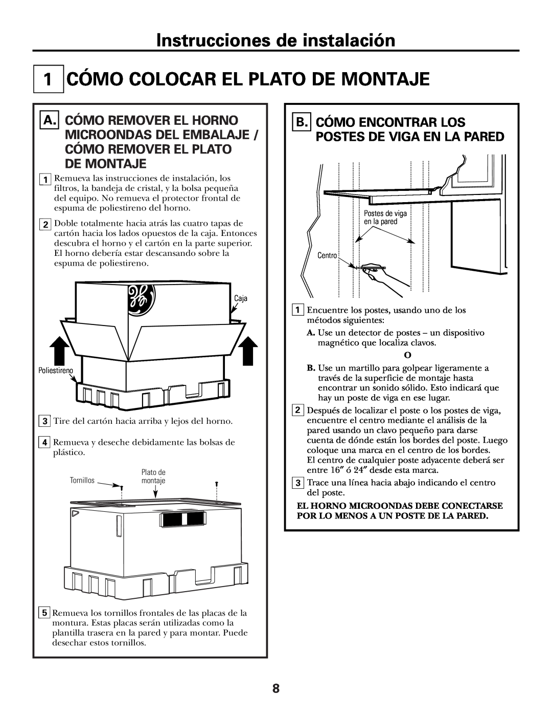 GE CVM2072 Instrucciones de instalación CÓMO COLOCAR EL PLATO DE MONTAJE, B. Cómo Encontrar Los Postes De Viga En La Pared 