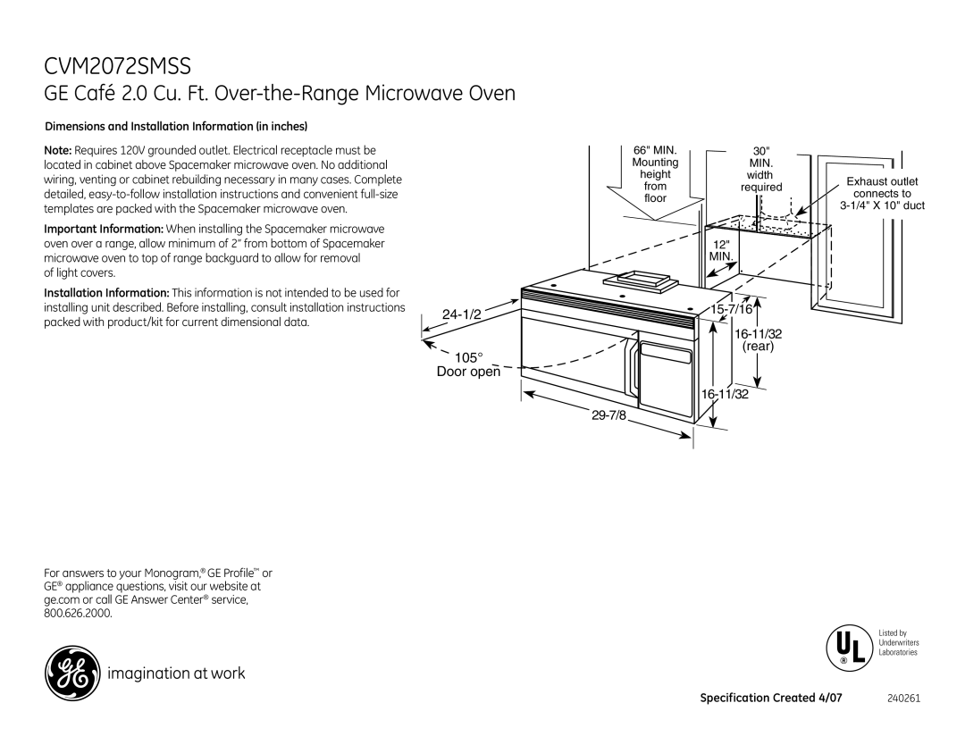 GE CVM2072SMSS dimensions Dimensions and Installation Information in inches, Specification Created 4/07 