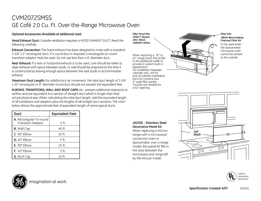 GE CVM2072SMSS dimensions Optional Accessories Available at additional cost, JX22SS Stainless Steel Decorative Panel Kit 