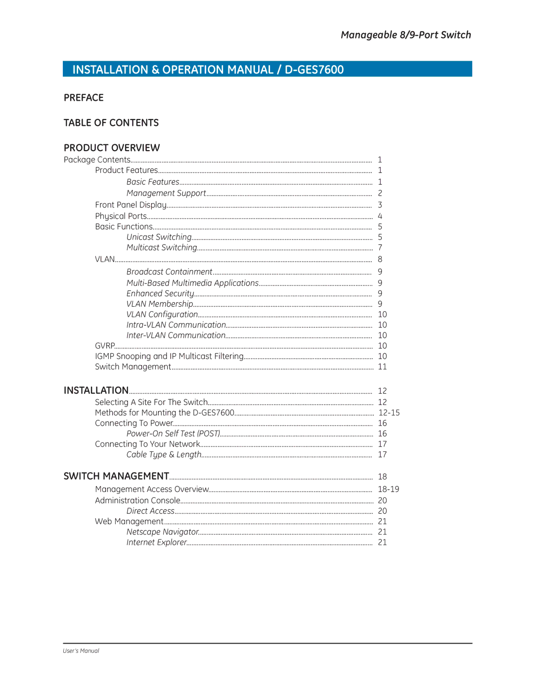 GE D-GES7600 manual Preface Table of Contents Product Overview 