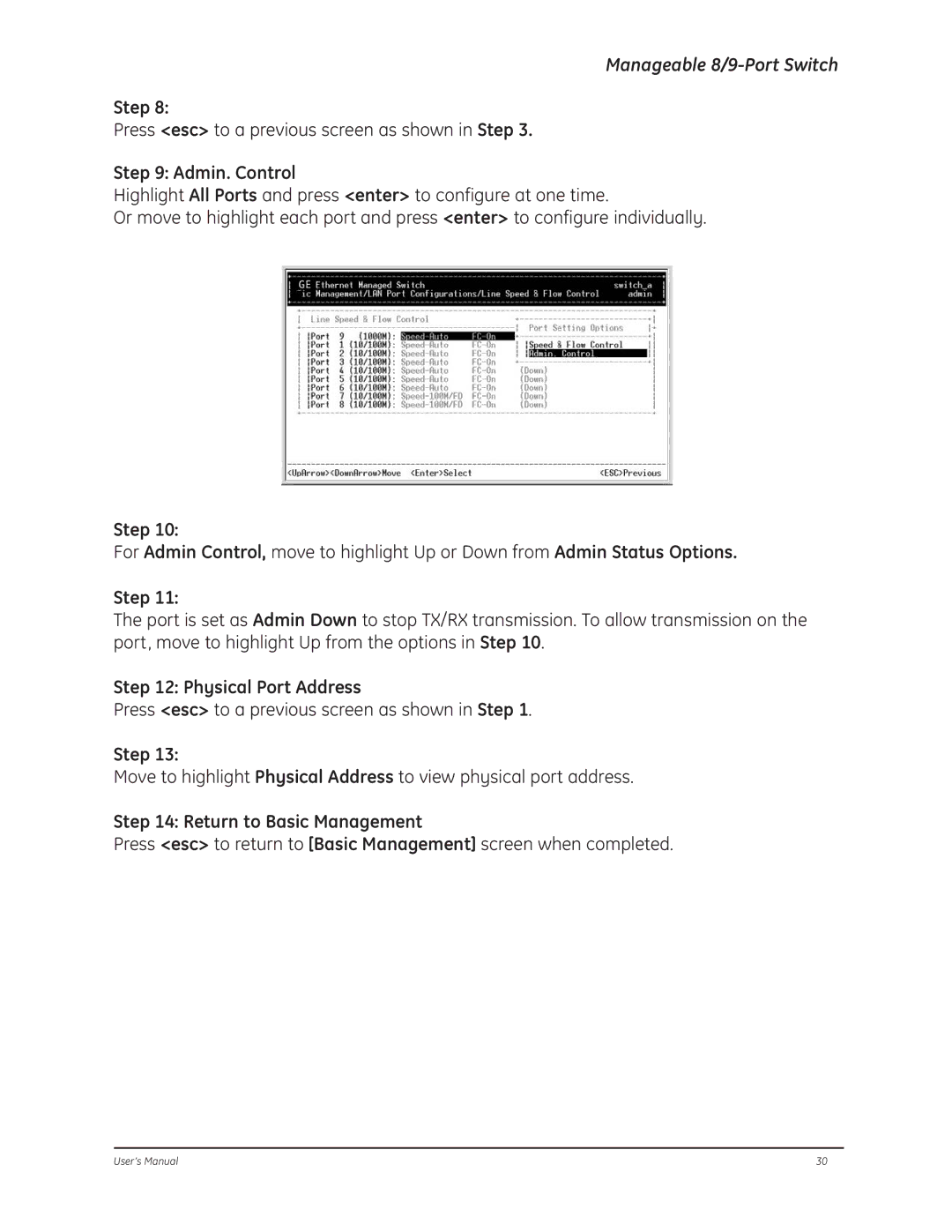 GE D-GES7600 manual Admin. Control, Physical Port Address, Return to Basic Management 