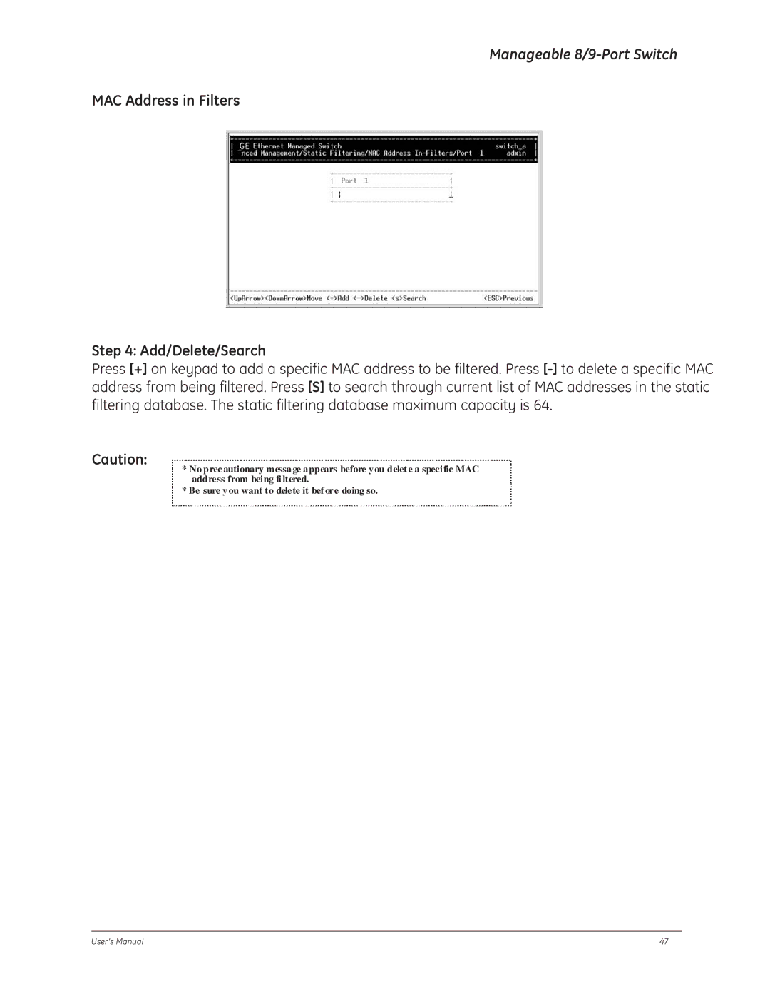 GE D-GES7600 manual MAC Address in Filters Add/Delete/Search 