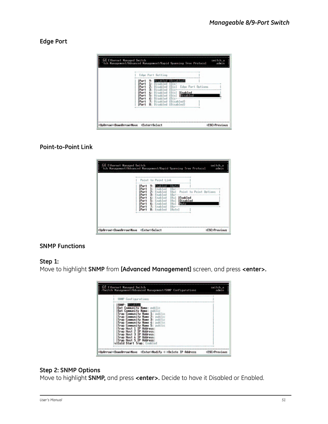 GE D-GES7600 manual Edge Port Point-to-Point Link Snmp Functions Step, Snmp Options 