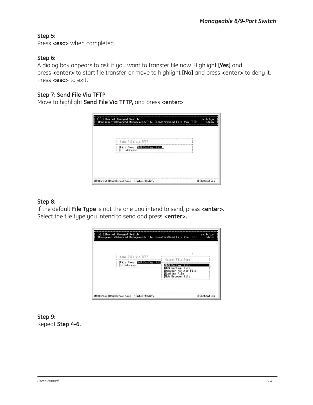 GE D-GES7600 manual Send File Via Tftp, Step Repeat Step 