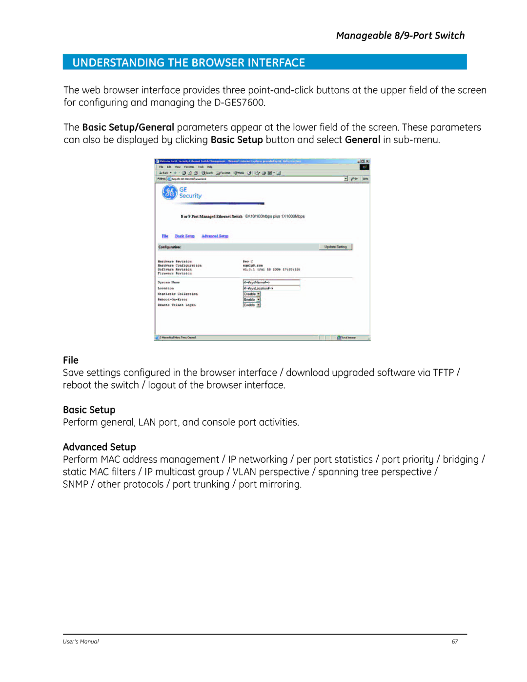 GE D-GES7600 manual Understanding the Browser Interface, File, Basic Setup, Advanced Setup 