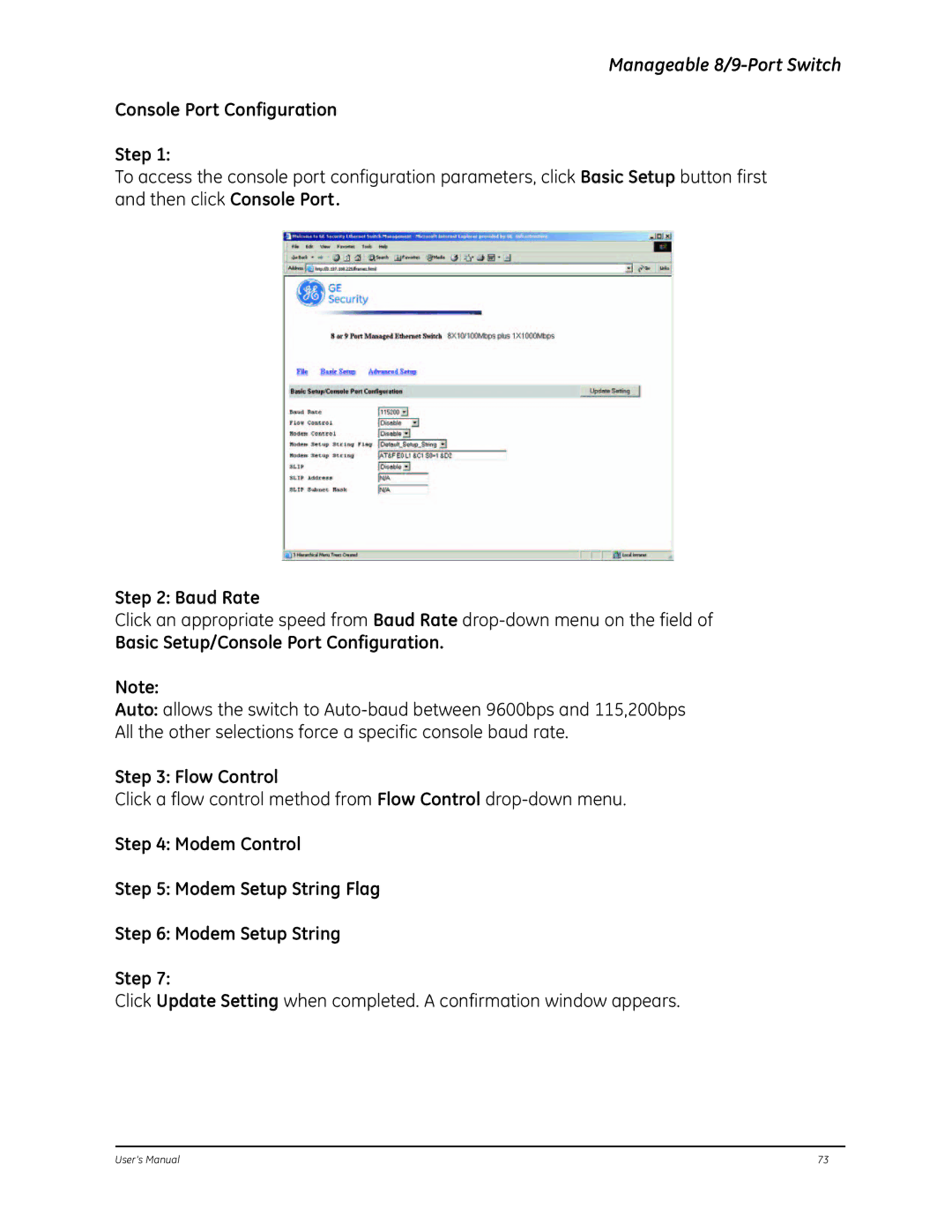 GE D-GES7600 manual Console Port Configuration Step, Basic Setup/Console Port Configuration 