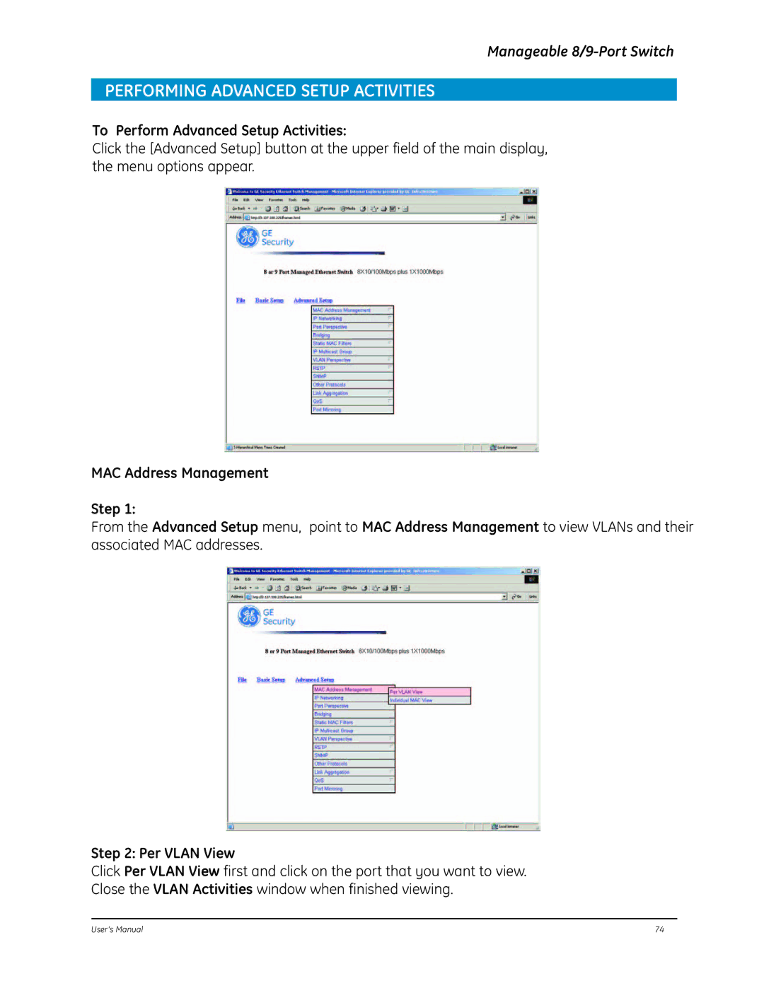 GE D-GES7600 manual Performing Advanced Setup Activities, To Perform Advanced Setup Activities, MAC Address Management Step 