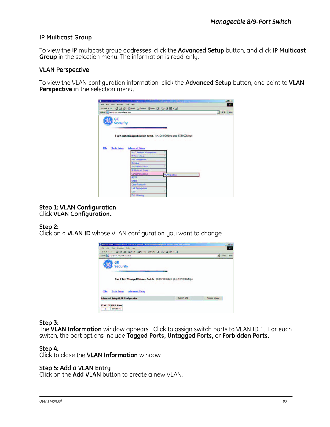 GE D-GES7600 manual Vlan Configuration Click Vlan Configuration Step, Add a Vlan Entry 