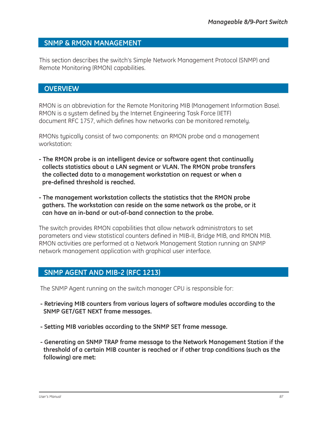 GE D-GES7600 manual Snmp & Rmon Management, Overview, Snmp Agent and MIB-2 RFC 