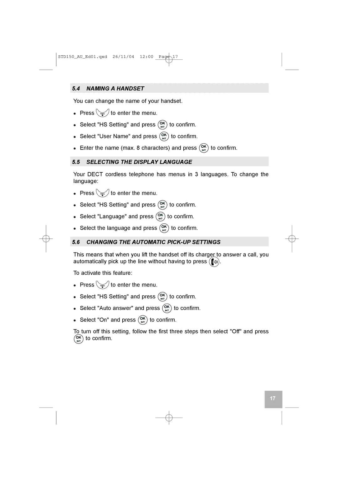 GE D150 manual Naming a Handset, Selecting the Display Language, Changing the Automatic PICK-UP Settings 