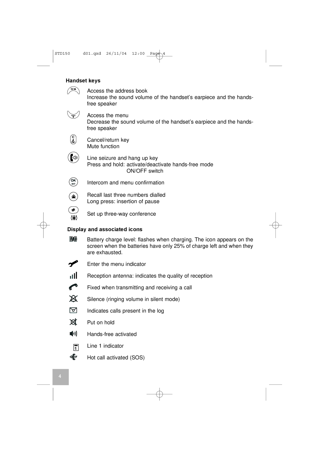 GE D150 manual Handset keys, Display and associated icons 