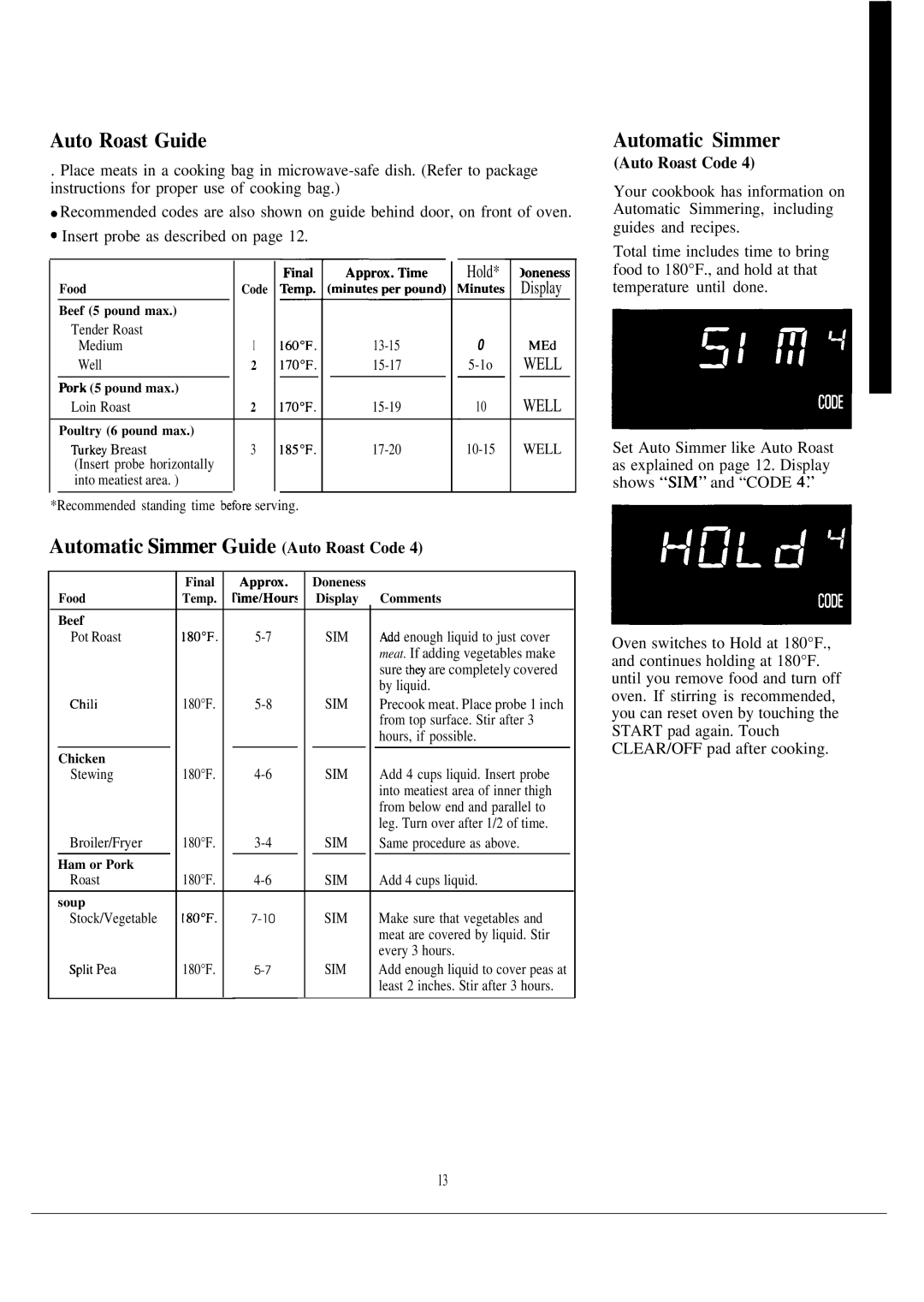 GE JVM140, D2092P129 warranty Auto Roast Guide, Automatic Simmer Guide Auto Roast Code 