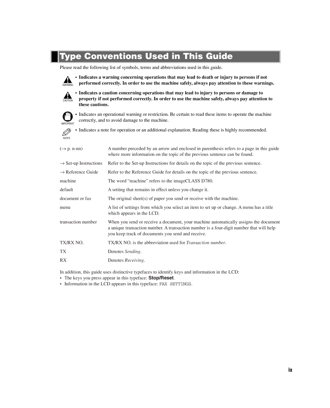 GE D780 manual Type Conventions Used in This Guide, TX/RX no 