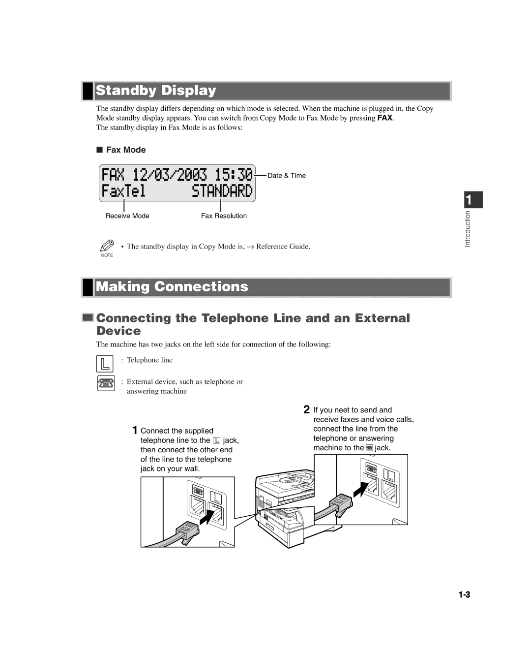 GE D780 manual Standby Display, Making Connections, Connecting the Telephone Line and an External Device 