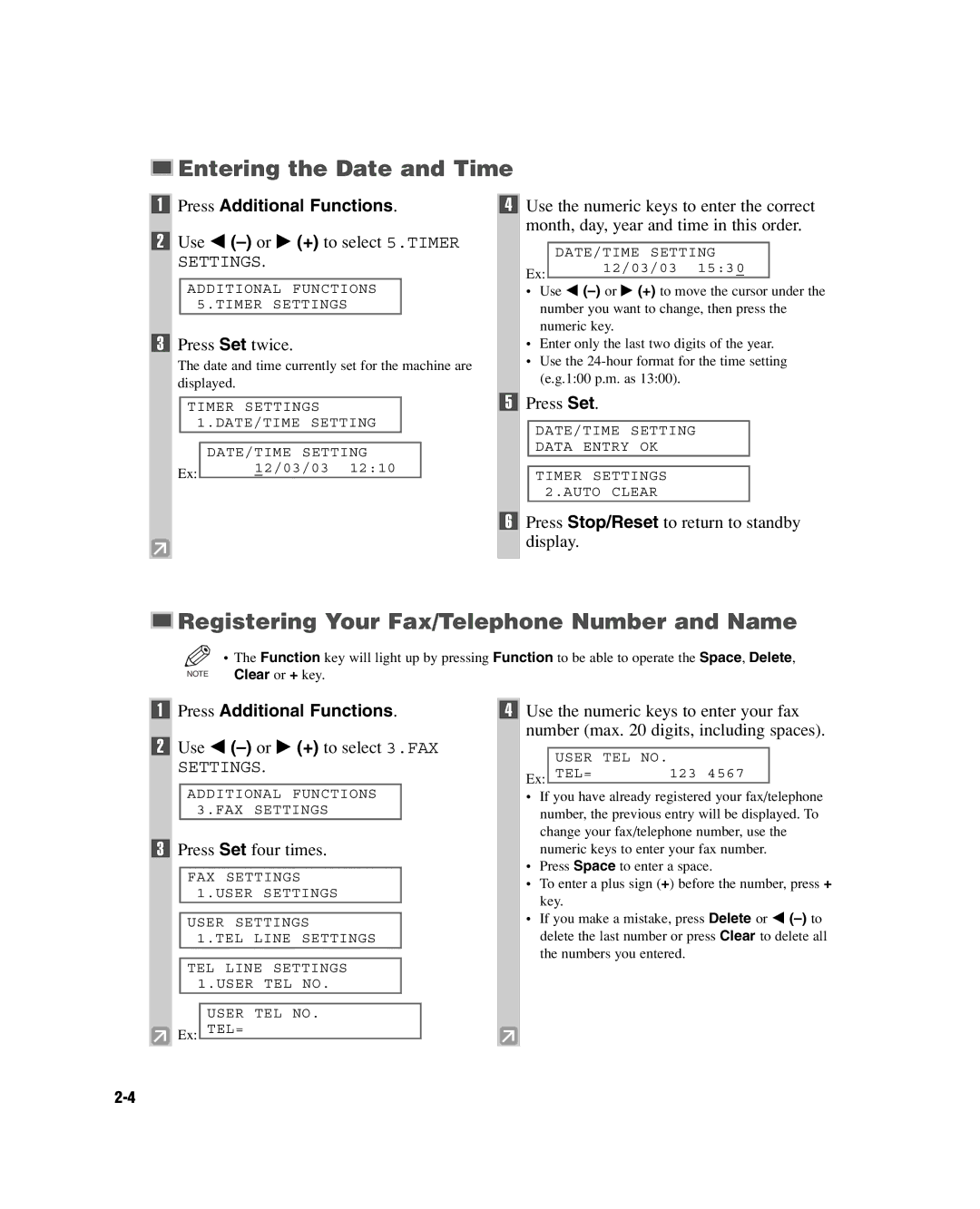 GE D780 manual Entering the Date and Time, Registering Your Fax/Telephone Number and Name, Press Additional Functions 