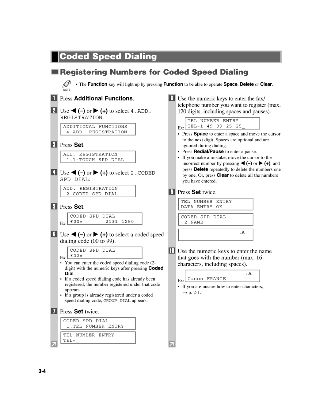 GE D780 manual Registering Numbers for Coded Speed Dialing, Use 4 -or e + to select 2.CODED 