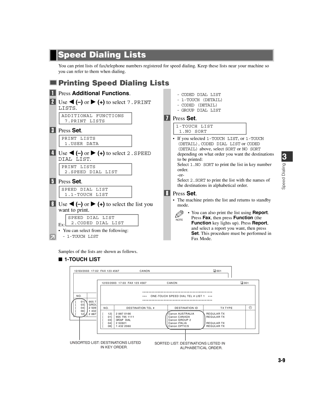 GE D780 manual Printing Speed Dialing Lists, Use 4 -or e + to select 2.SPEED 