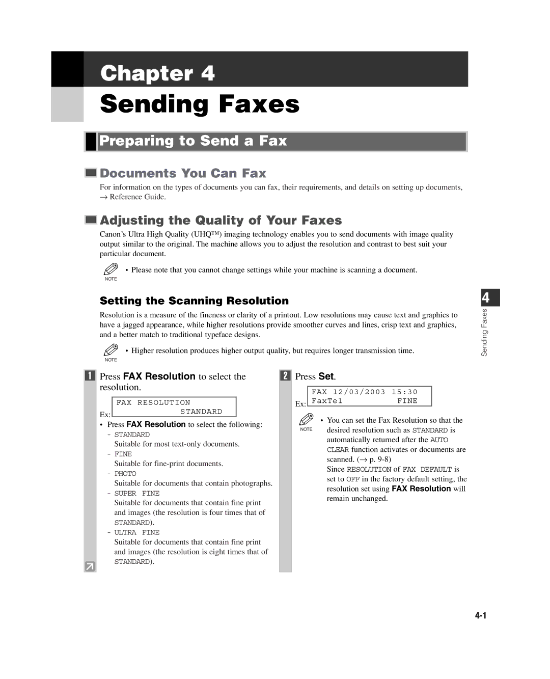 GE D780 manual Sending Faxes, Preparing to Send a Fax, Adjusting the Quality of Your Faxes, Setting the Scanning Resolution 