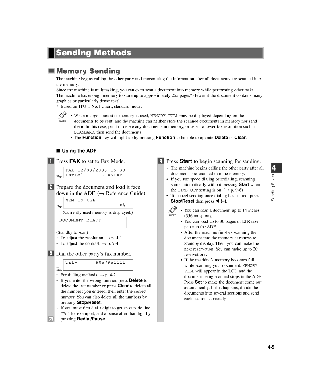 GE D780 Sending Methods, Memory Sending, Dial the other party’s fax number, Pressing Redial/Pause, Stop/Reset then press 