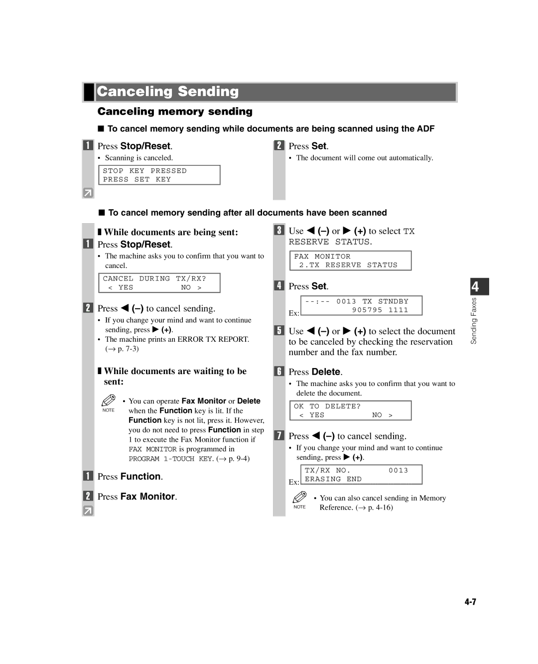 GE D780 manual Canceling Sending, Canceling memory sending, Press Stop/Reset, Press Function Press Fax Monitor 