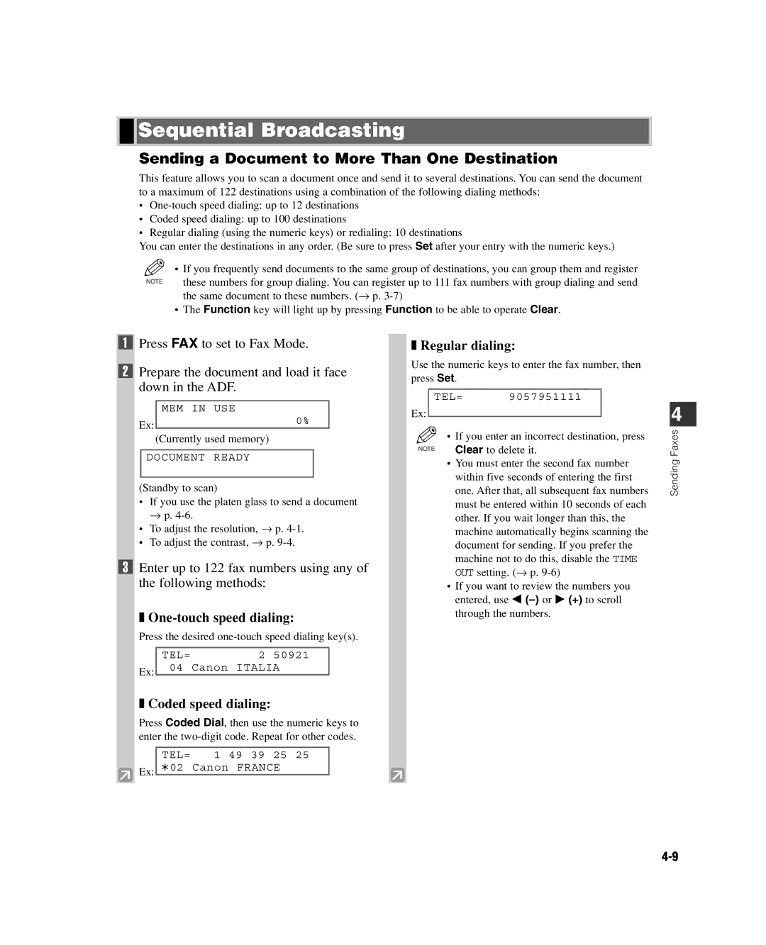 GE D780 Sequential Broadcasting, Sending a Document to More Than One Destination, One-touch speed dialing, Regular dialing 