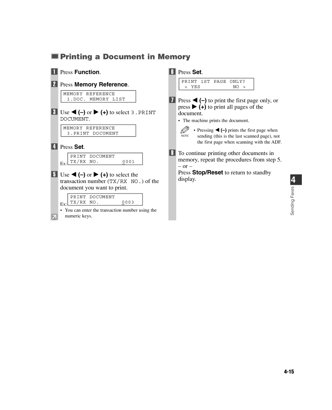 GE D780 manual Printing a Document in Memory, Use 4 -or e + to select 3.PRINT 