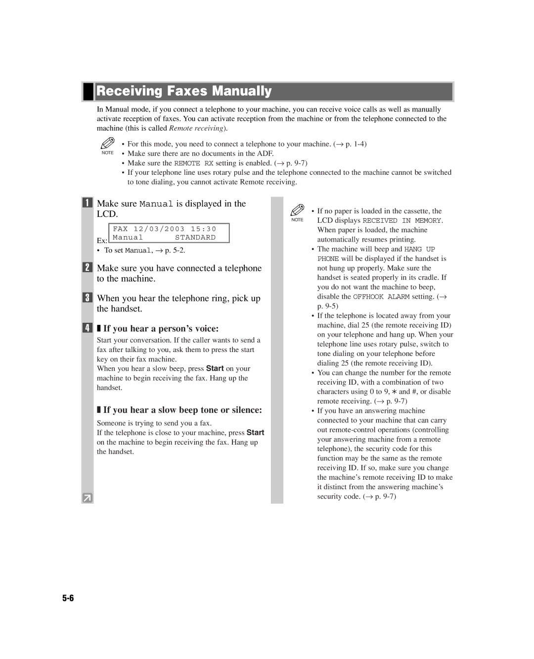 GE D780 manual Receiving Faxes Manually, If you hear a person’s voice, If you hear a slow beep tone or silence 