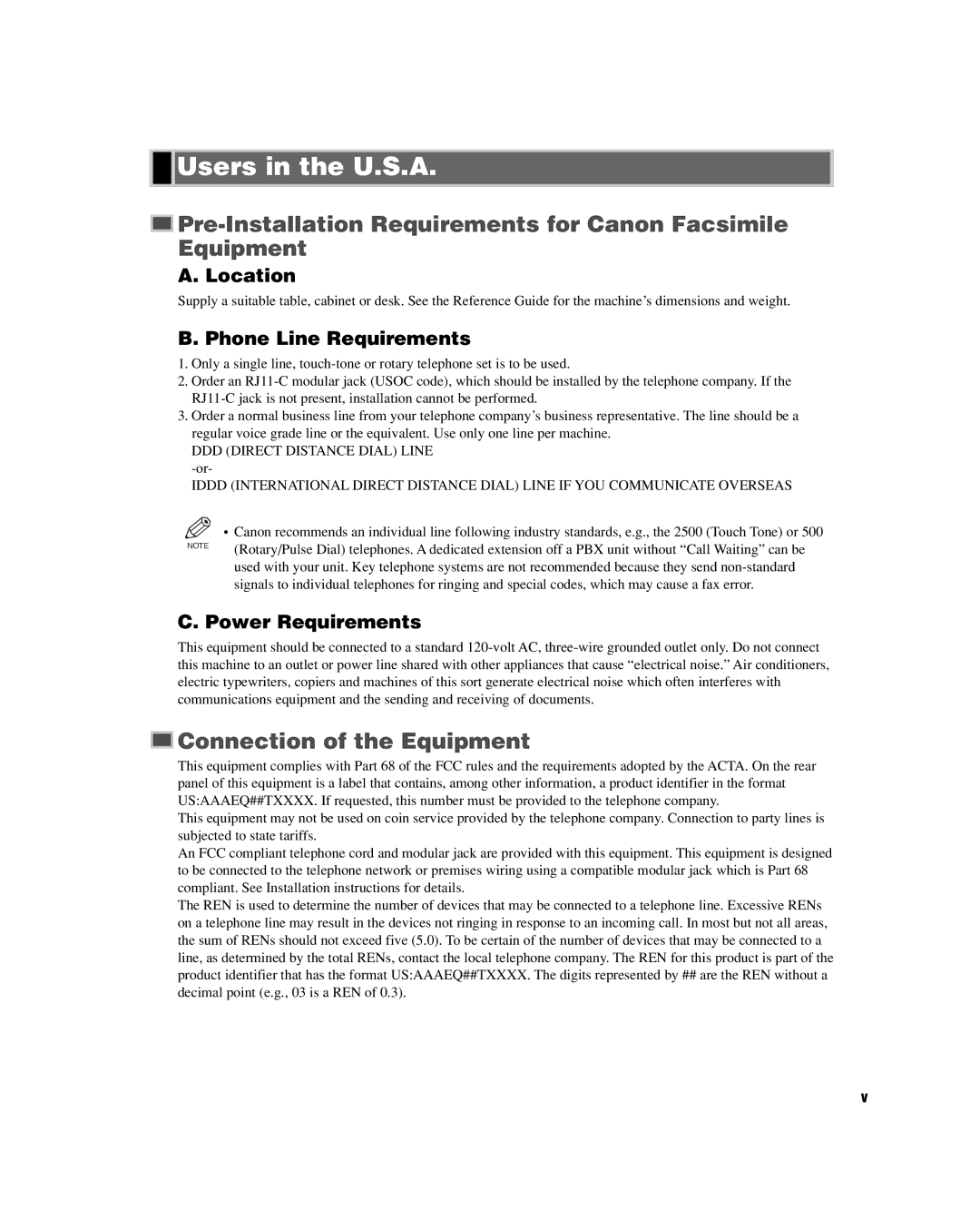 GE D780 manual Users in the U.S.A, Pre-Installation Requirements for Canon Facsimile Equipment, Connection of the Equipment 