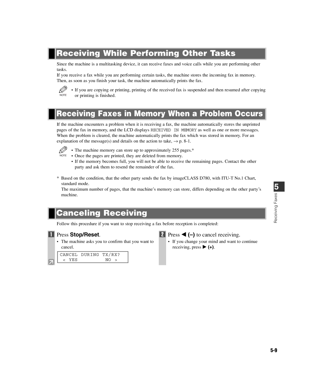 GE D780 manual Receiving While Performing Other Tasks, Receiving Faxes in Memory When a Problem Occurs, Canceling Receiving 