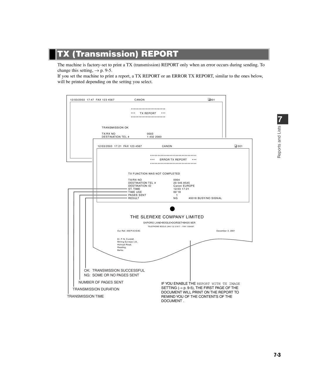 GE D780 manual TX Transmission Report, Slerexe Company Limited 