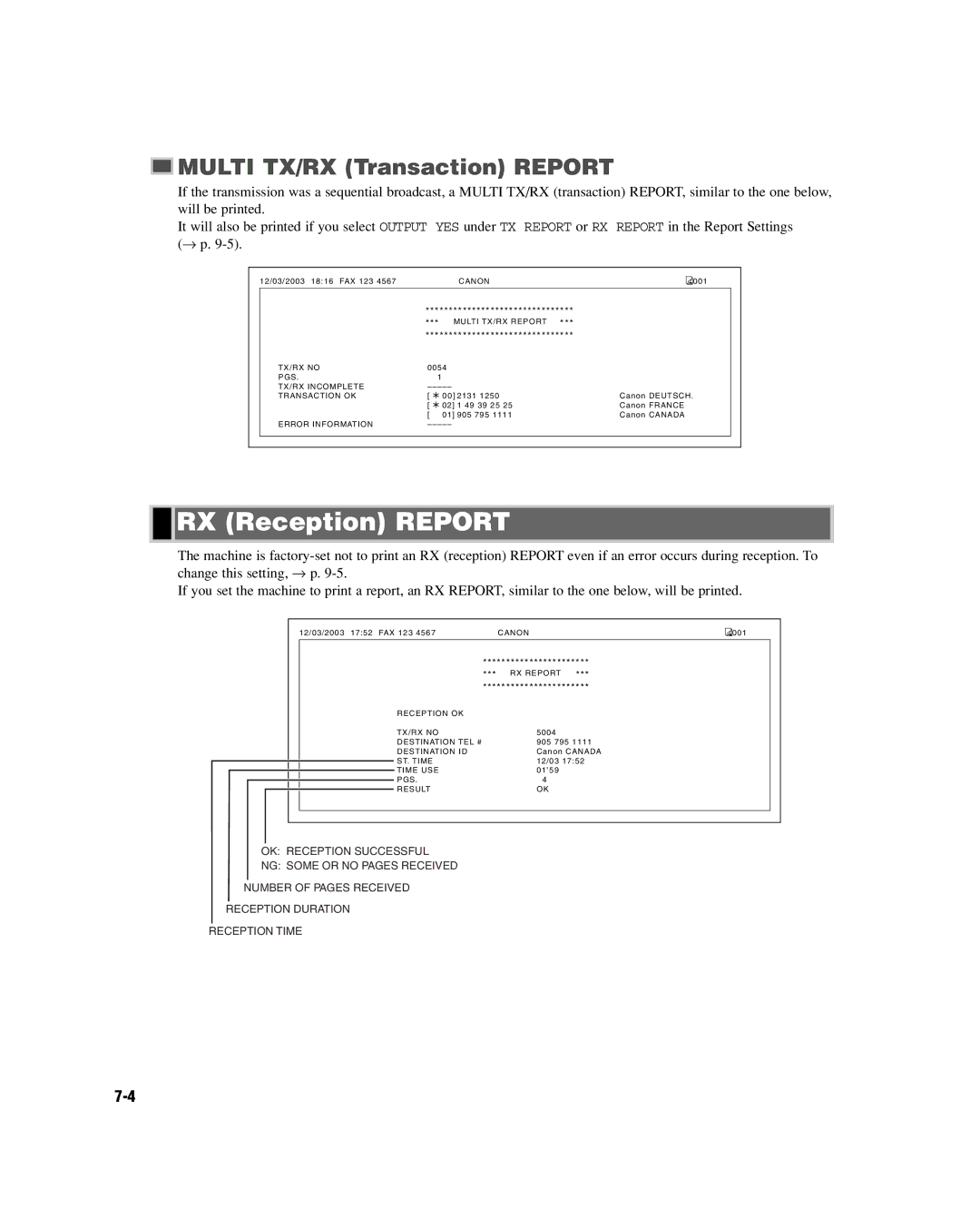 GE D780 manual RX Reception Report, Multi TX/RX Transaction Report 