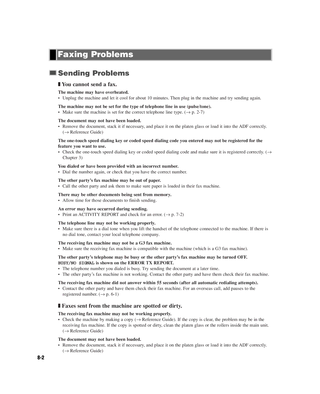 GE D780 manual Faxing Problems, Sending Problems, You cannot send a fax, Faxes sent from the machine are spotted or dirty 