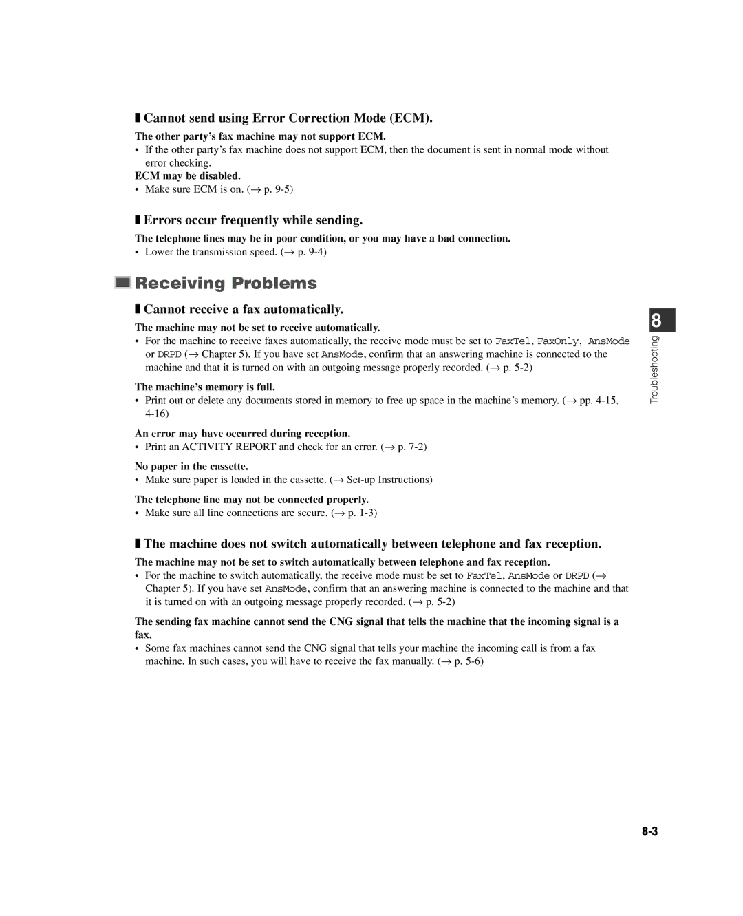 GE D780 manual Receiving Problems, Cannot send using Error Correction Mode ECM, Errors occur frequently while sending 