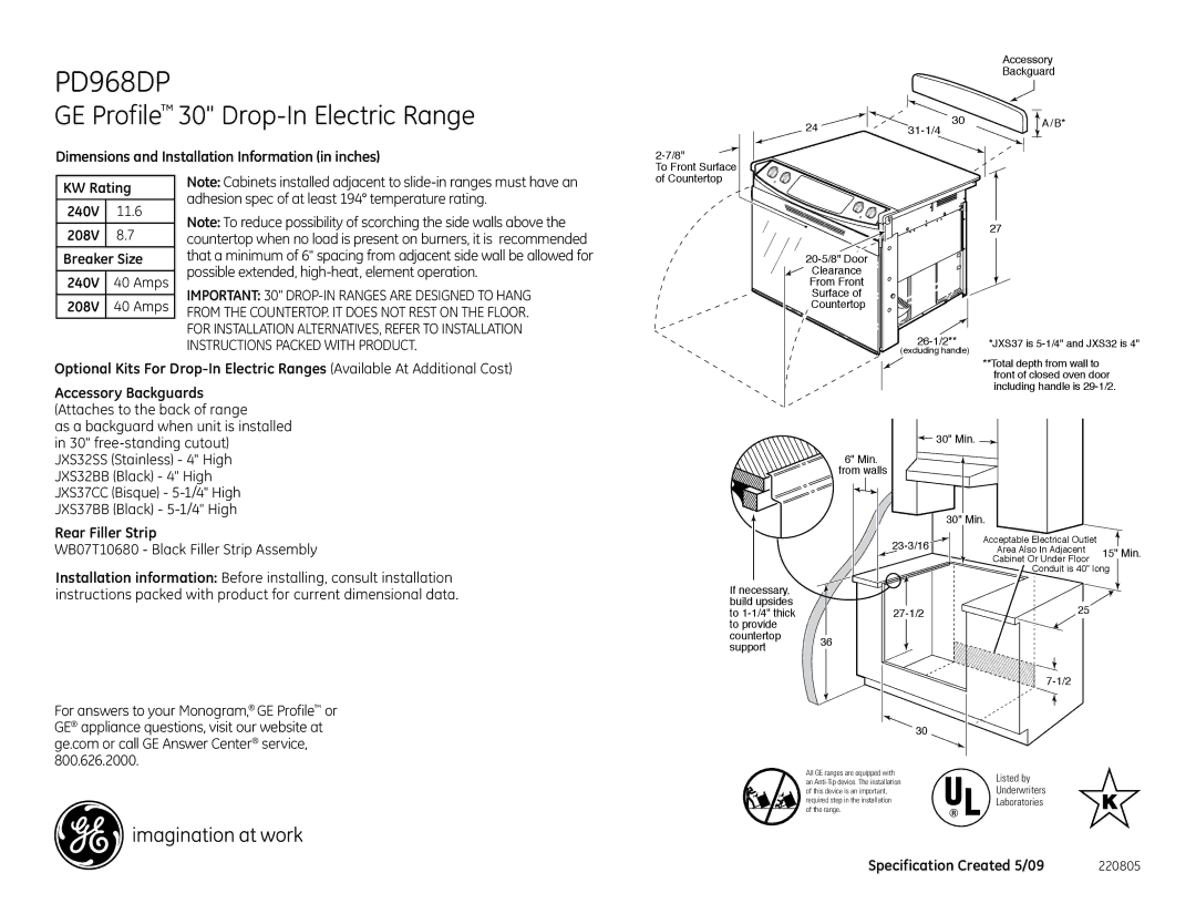 GE dimensions PD968DP, GE Profile 30 Drop-In Electric Range 