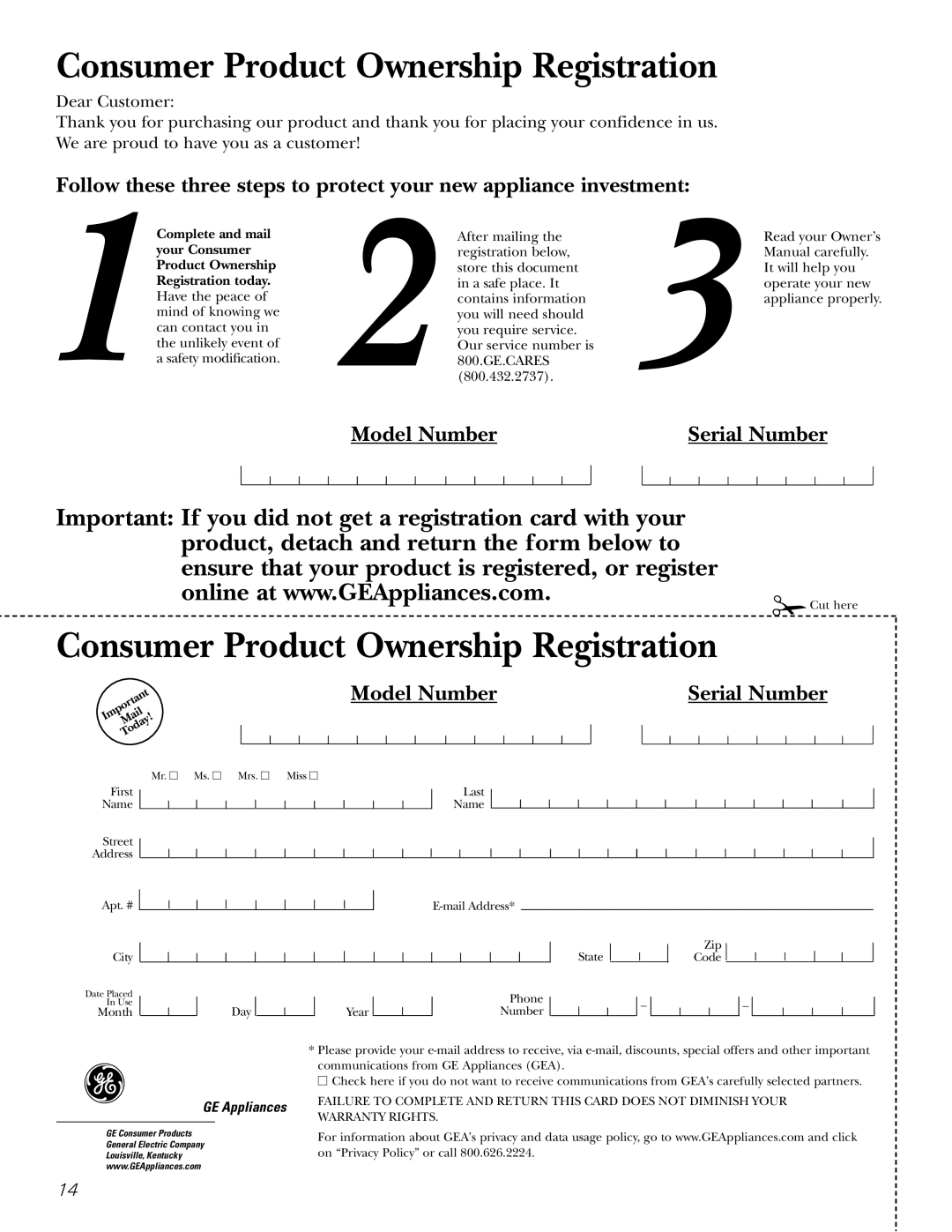 GE DBB5500 owner manual Consumer Product Ownership Registration 