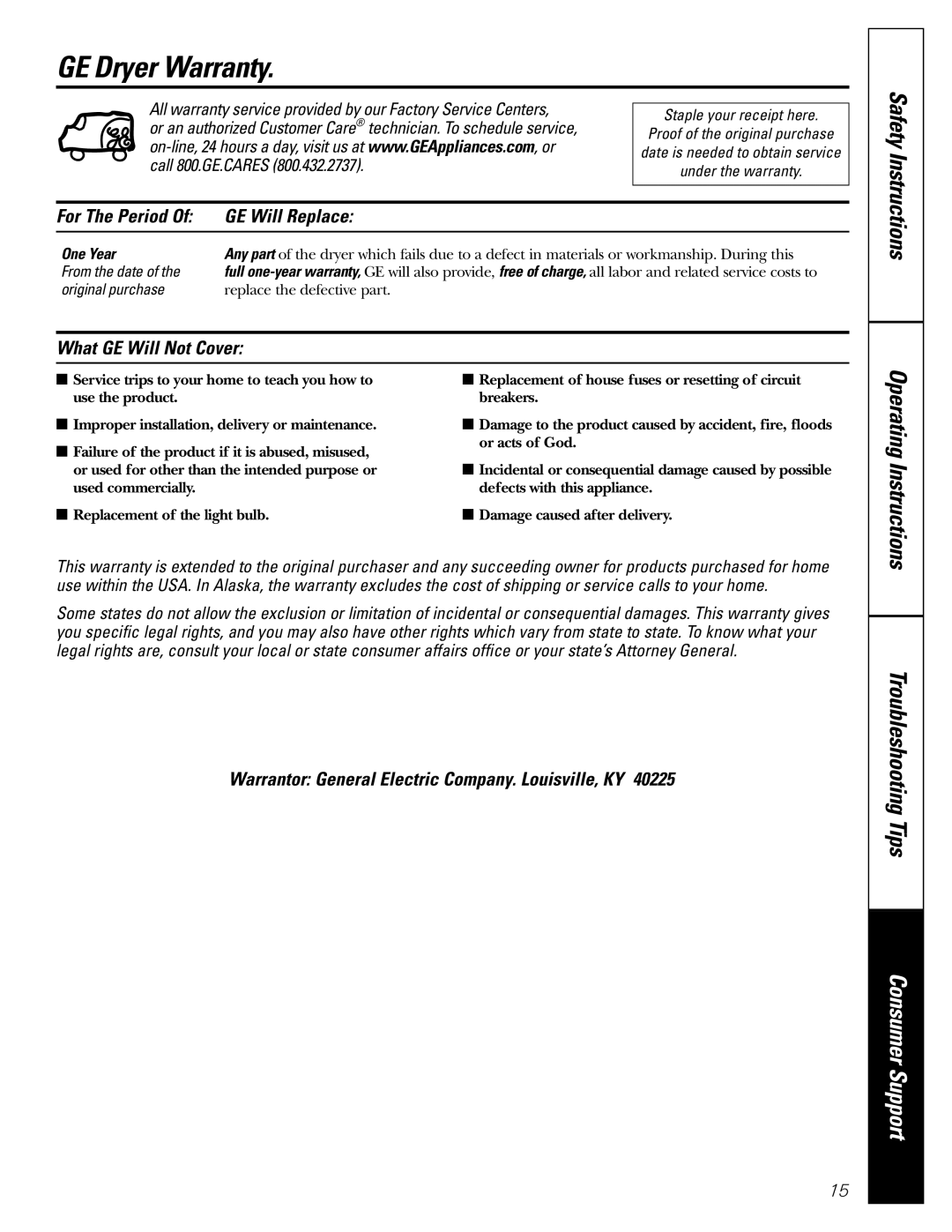 GE DBB5500 owner manual GE Dryer Warranty, For The Period GE Will Replace, What GE Will Not Cover 