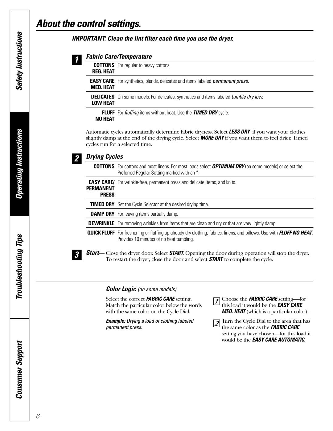 GE DBB5500 owner manual About the control settings, Safety Instructions, Drying Cycles 