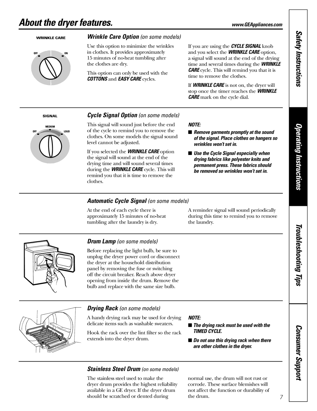 GE DBB5500 owner manual About the dryer features, Instructions, Consumer, Support 