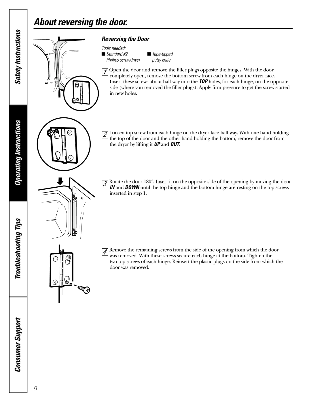 GE DBB5500 owner manual About reversing the door, Troubleshooting Tips Consumer Support, Reversing the Door 