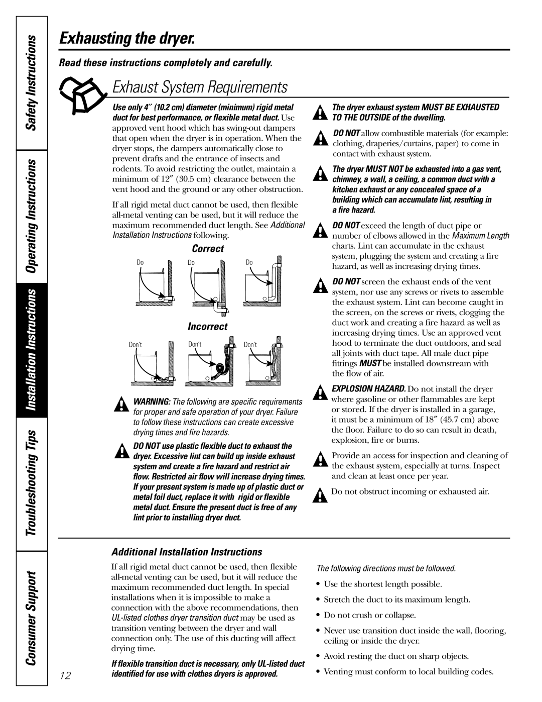 GE DBI.333 Exhausting the dryer, Exhaust System Requirements, Correct Incorrect, Additional Installation Instructions 