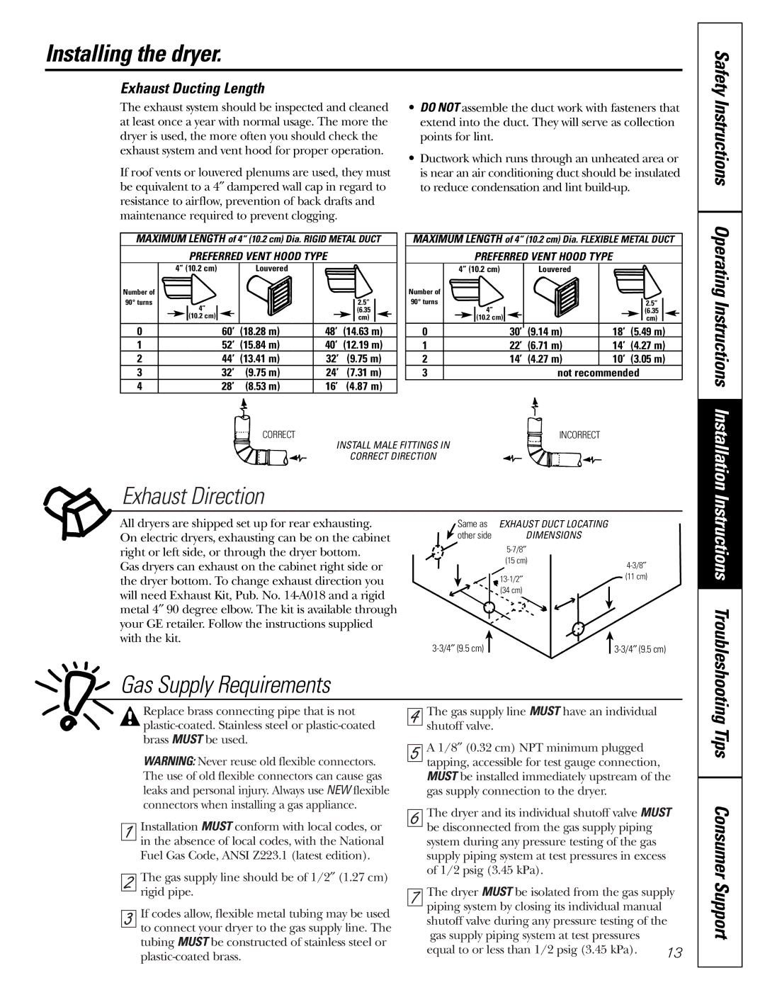 GE DBI.333 Installing the dryer, Exhaust Direction, Gas Supply Requirements, Exhaust Ducting Length 